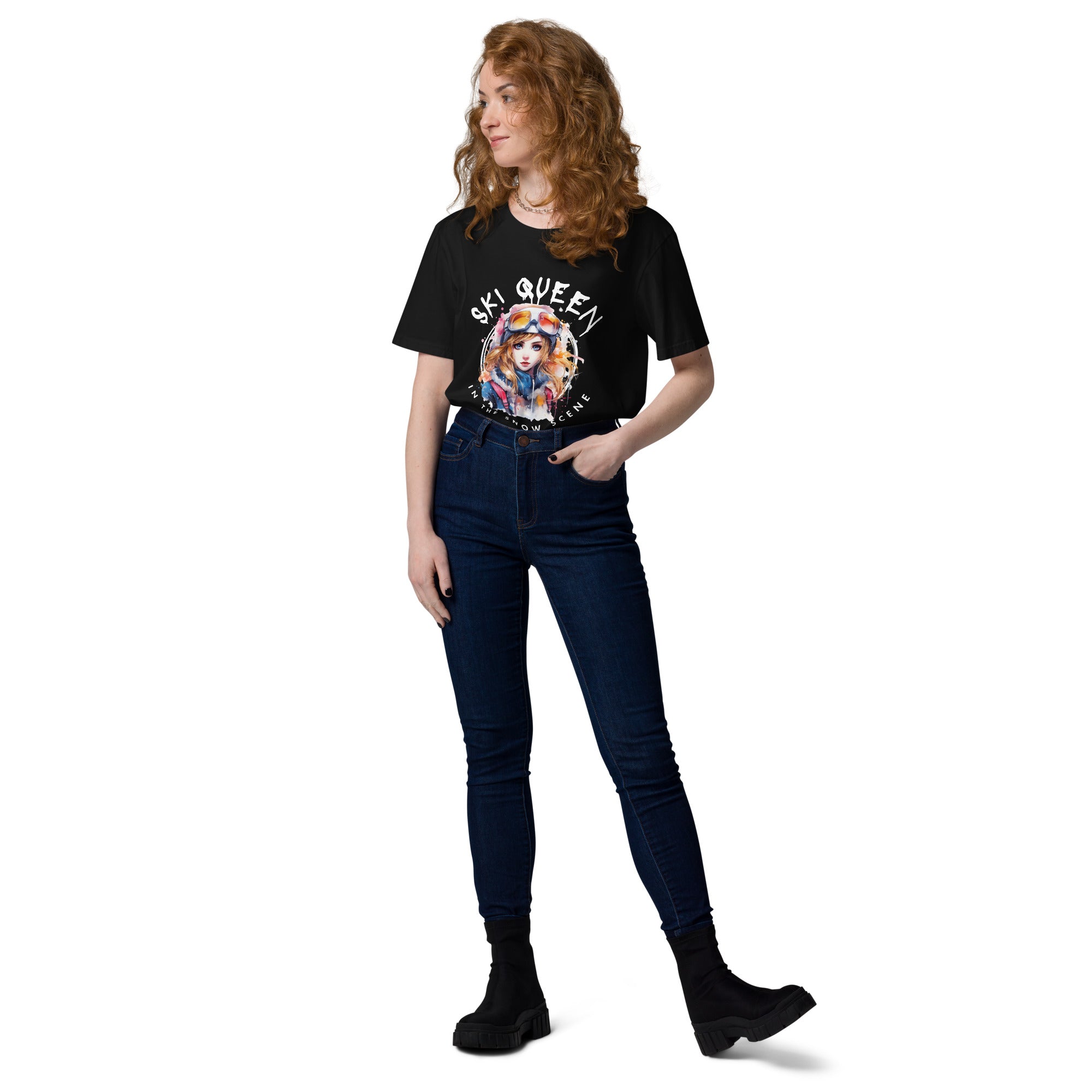 organic "Ski queen in the snow scene " cotton t-shirt
