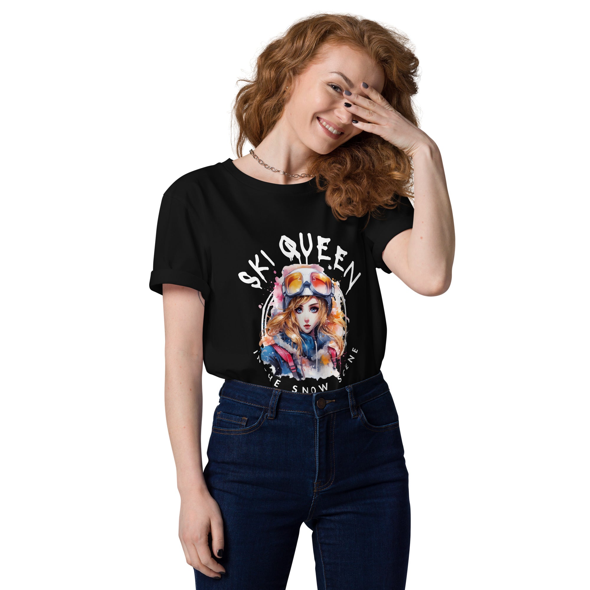 organic "Ski queen in the snow scene " cotton t-shirt