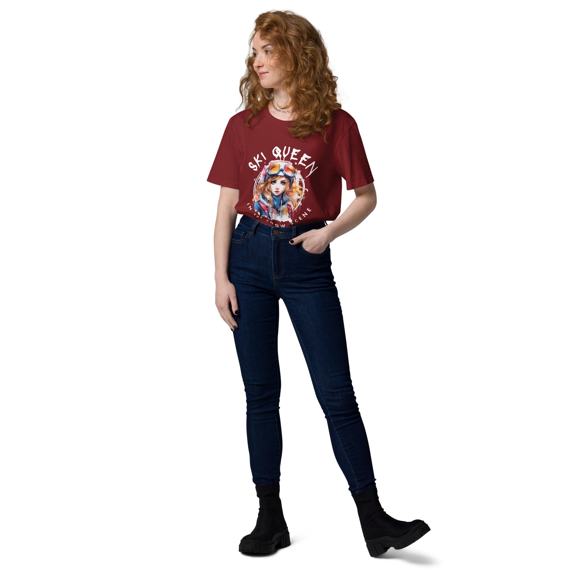 organic "Ski queen in the snow scene " cotton t-shirt