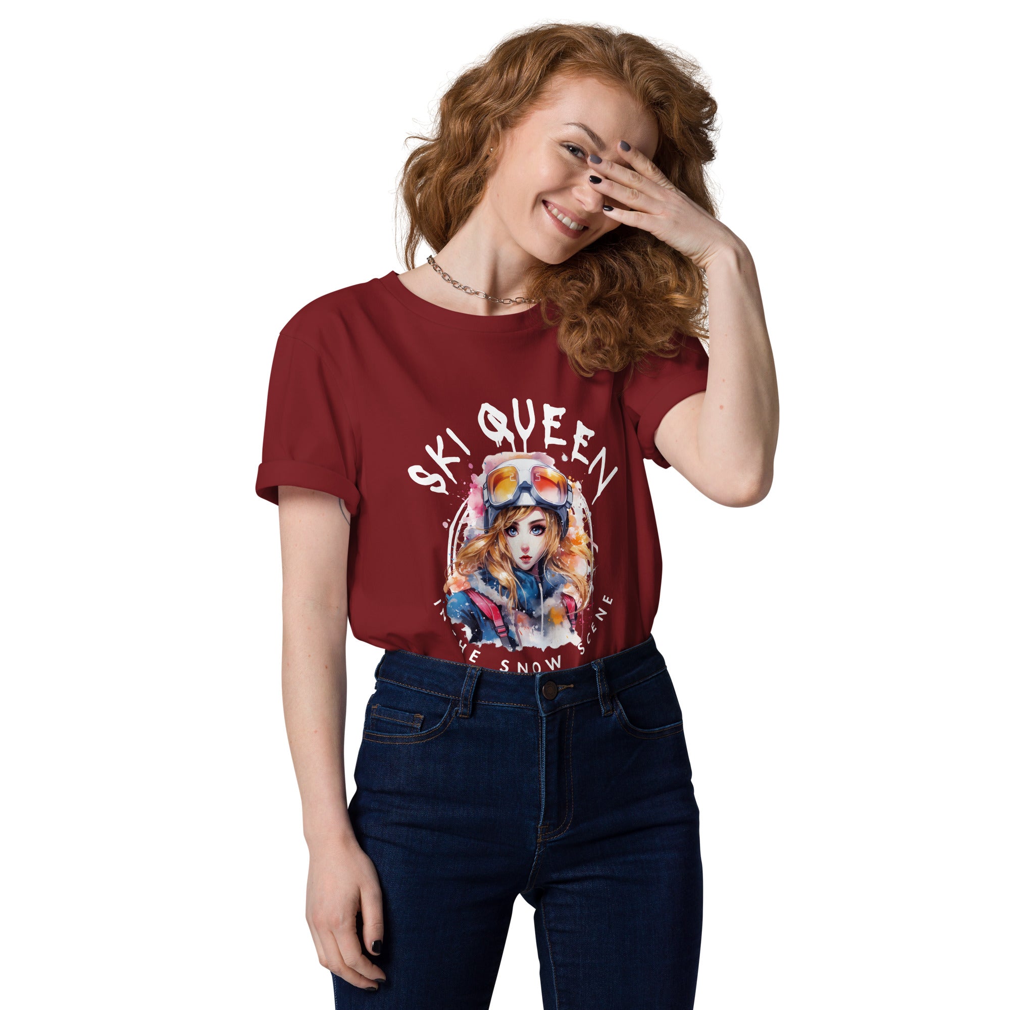 organic "Ski queen in the snow scene " cotton t-shirt