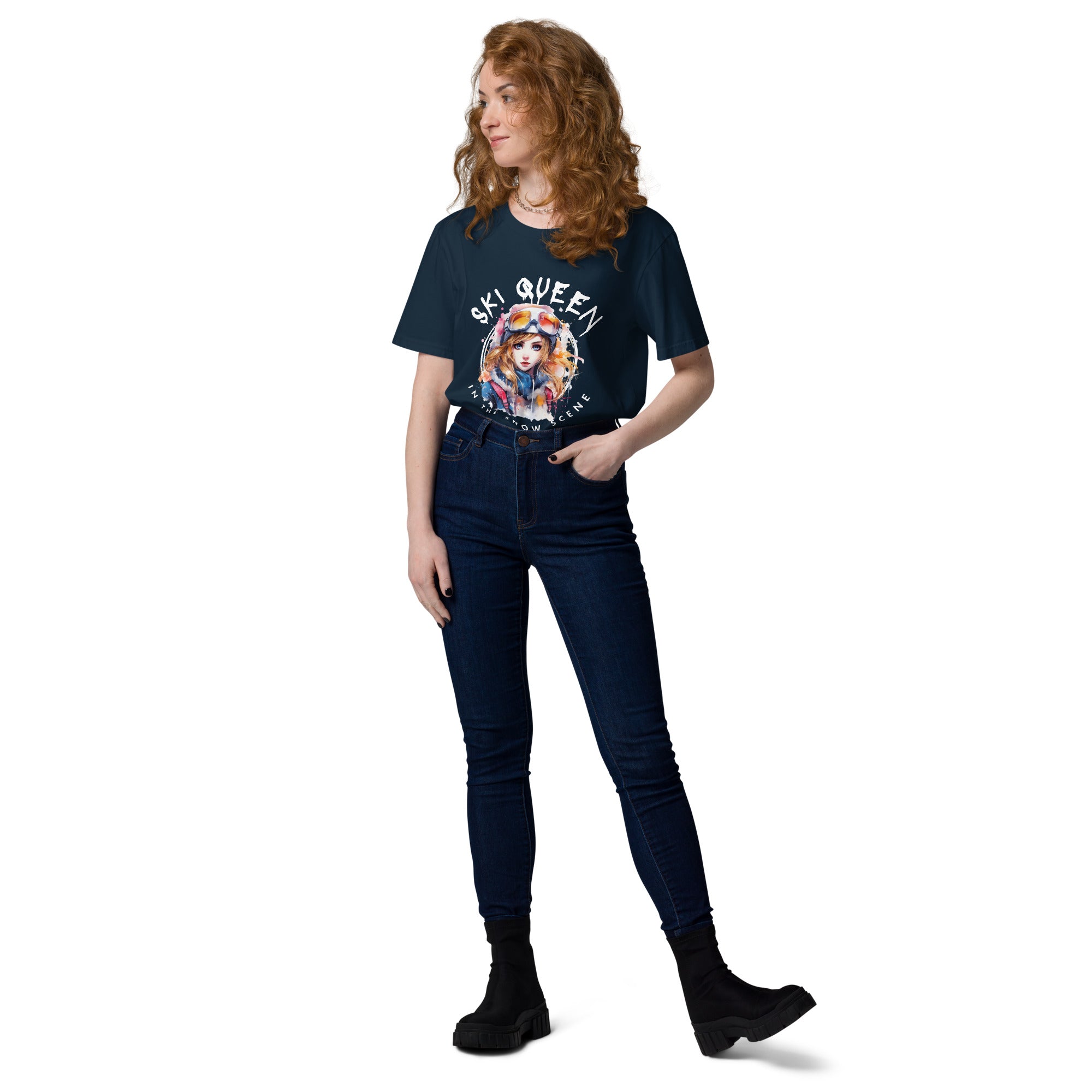 organic "Ski queen in the snow scene " cotton t-shirt
