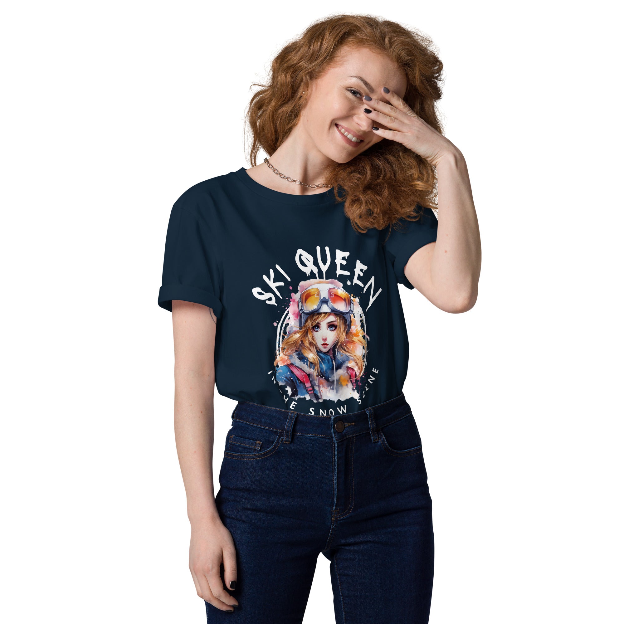 organic "Ski queen in the snow scene " cotton t-shirt