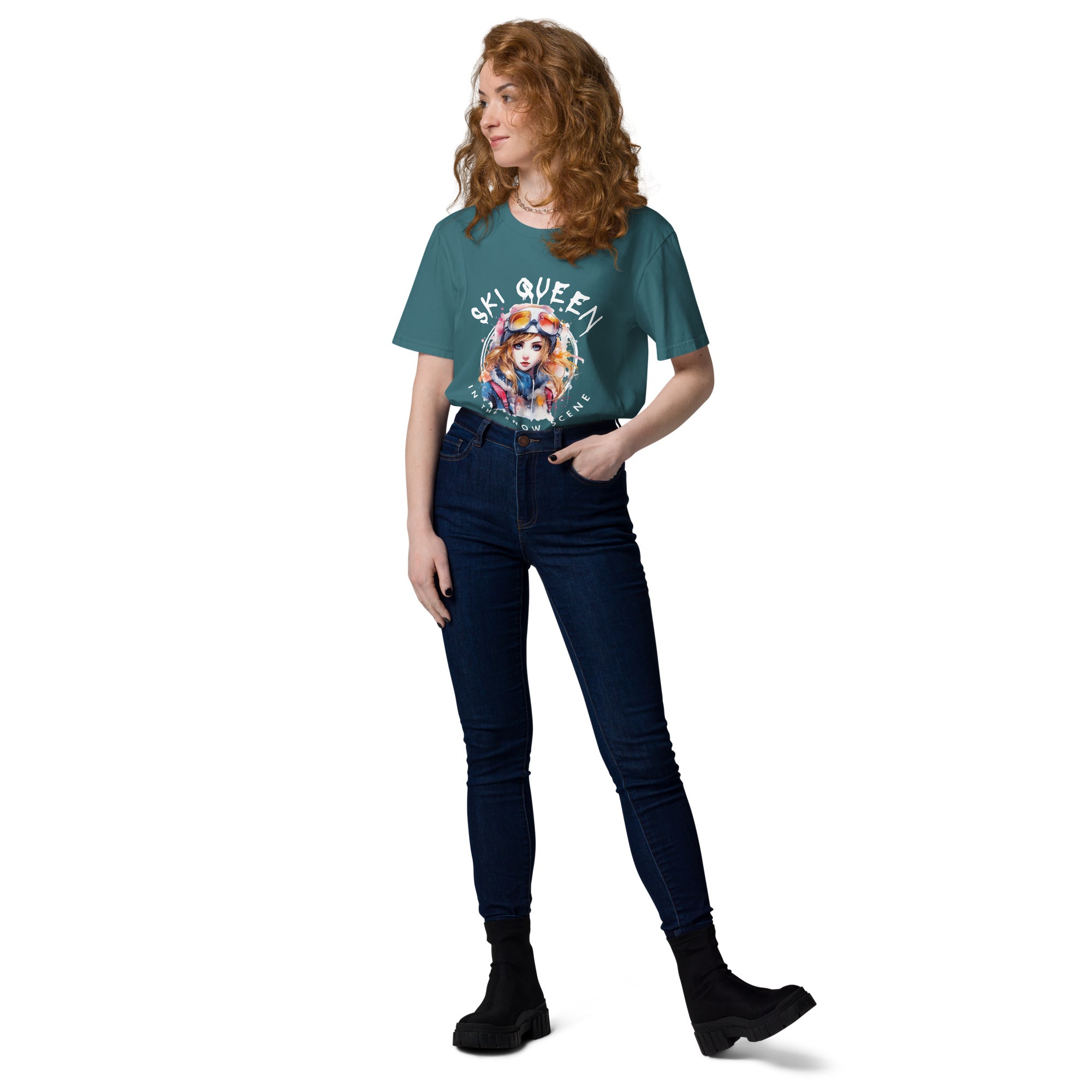 organic "Ski queen in the snow scene " cotton t-shirt