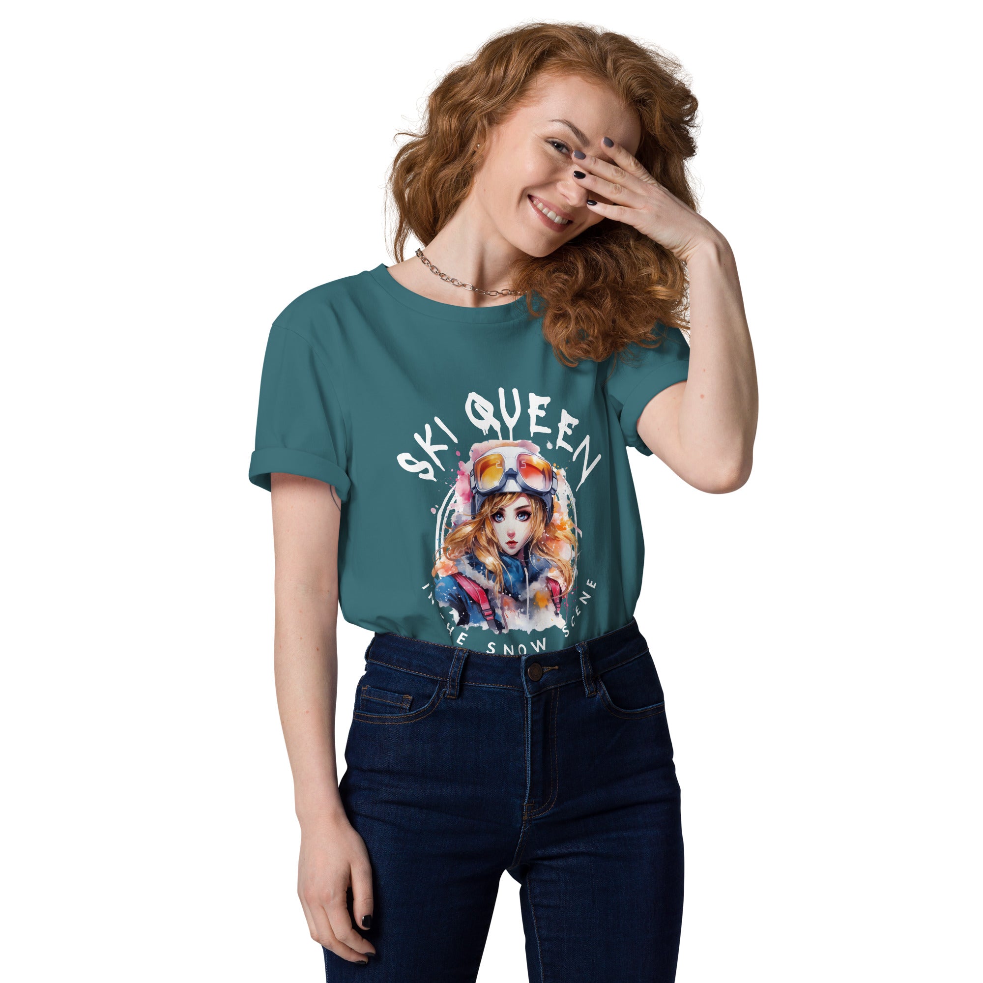 organic "Ski queen in the snow scene " cotton t-shirt